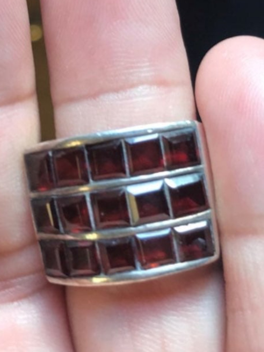 Vintage Sterling Silver Red Garnet gemstone Three-Row Statement Ring size 5.50